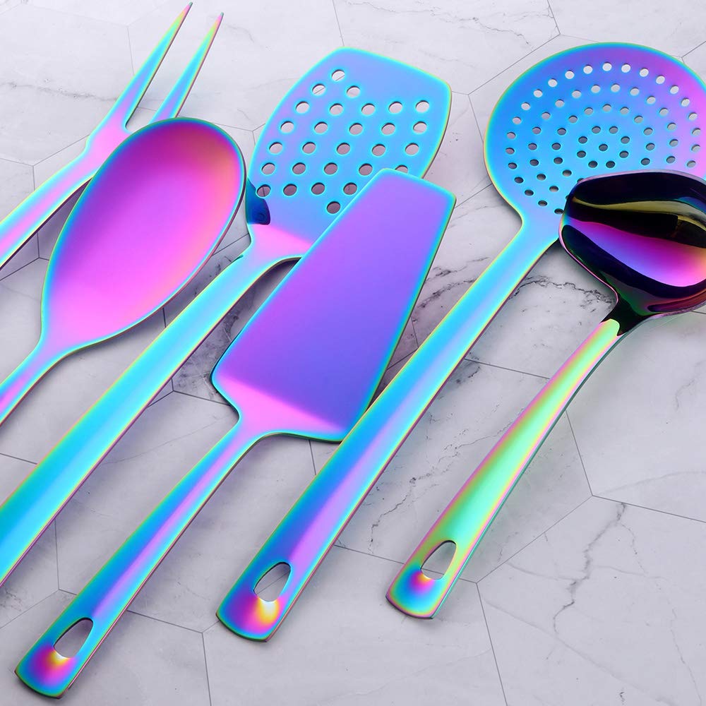 BuyGo 12-Piece Stainless Steel Kitchen Utensil Set - Rainbow Cooking Tools with Hanging Loop, Mirror Polish & Dishwasher Safe - Perfect for Baking, Cooking & Kitchen Organization