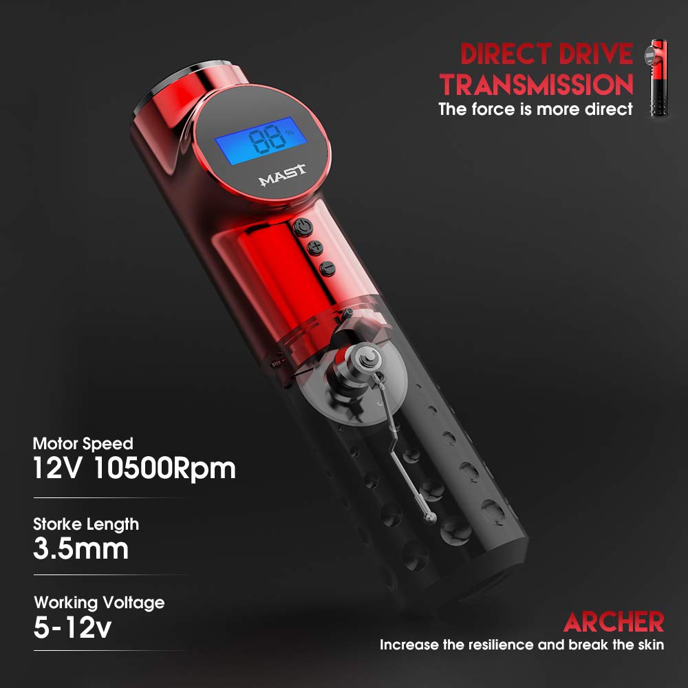 MAST Archer Wireless Tattoo Machine - Rotary Pen Style with Coreless Motor & 2000mAh Battery - Professional Tattoo Equipment for Artists - Perfect for Tattoo Shops, Home Studios and Body Art Enthusiasts