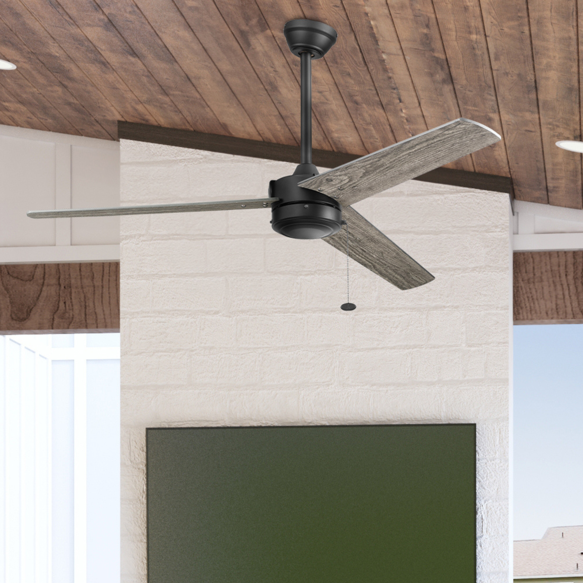 52 Inch Matte Black Ceiling Fan with Pull Chain - Indoor/Outdoor Use for Living Room, Bedroom, Patio & Covered Porch