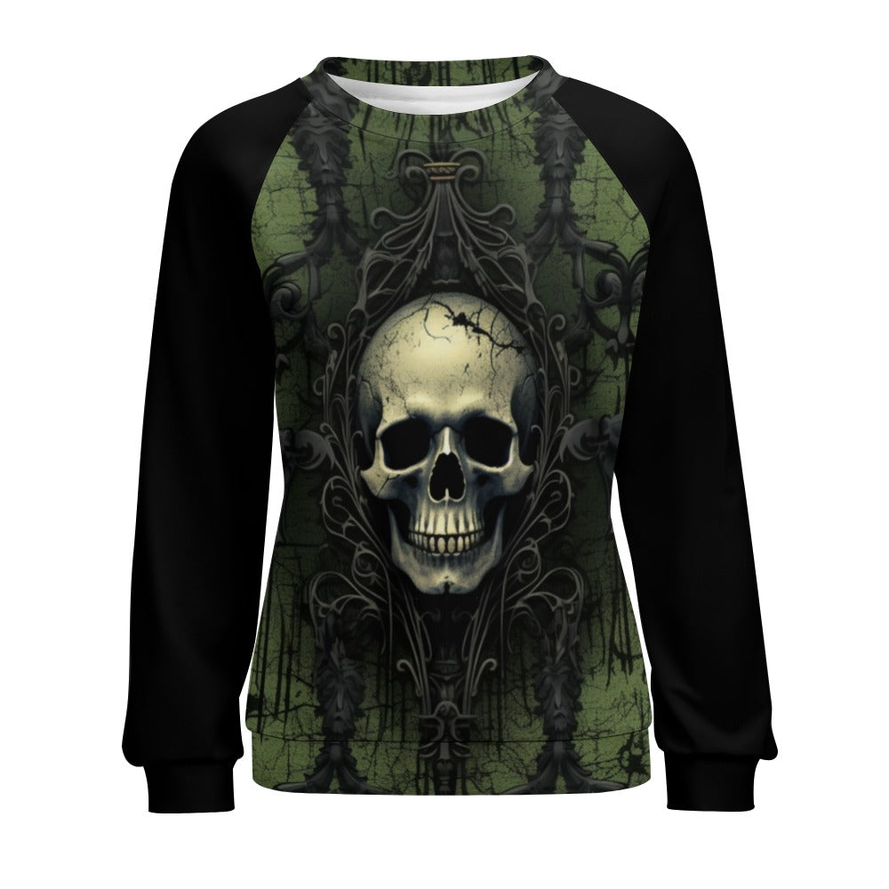 Gothic Green and Black Skull Print Raglan Round Neck Sweater for Men & Women | Halloween, Punk, Rock Fashion | Perfect for Concerts, Parties, and Casual Wear