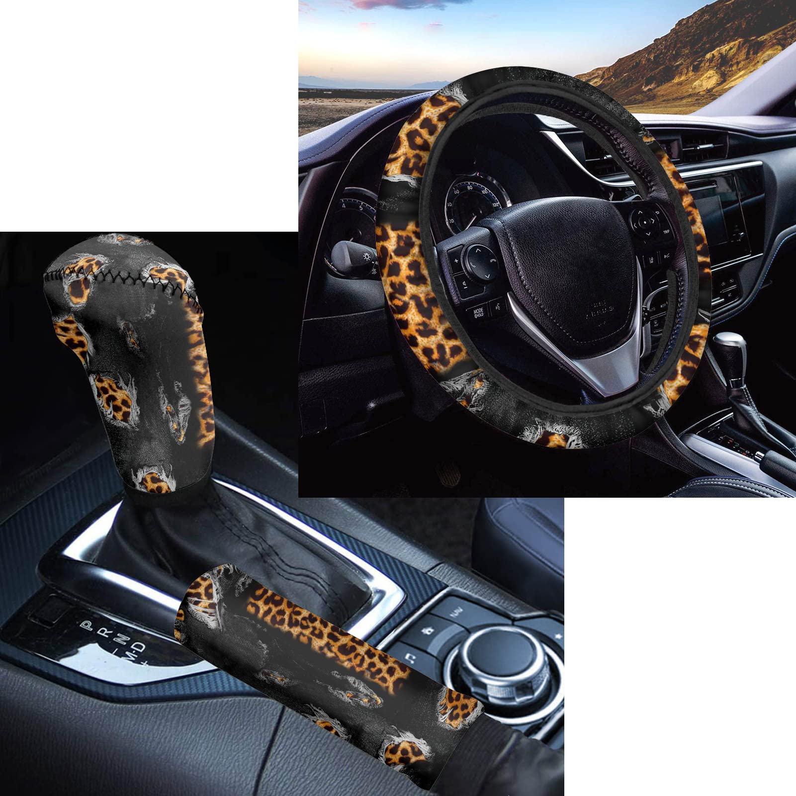 POLERO Denim Leopard Print Steering Wheel Cover, Gear Shift Knob & Handbrake Cover Set - Cheetah Pattern Vintage Denim Car Accessories for Jeep, SUV, Truck Interior Upgrade