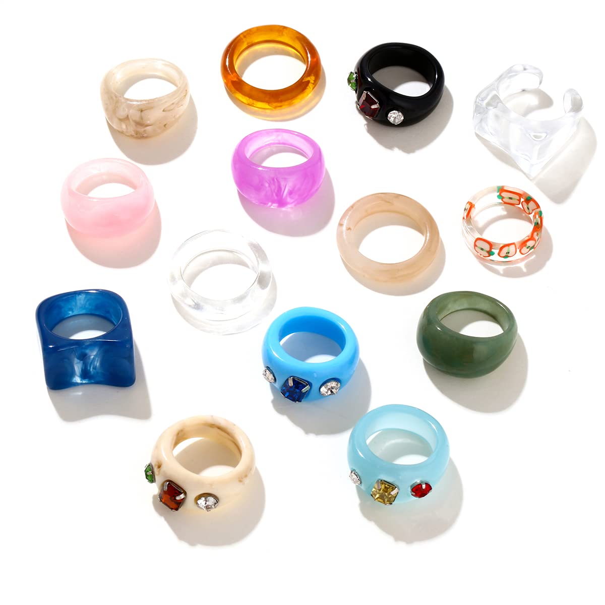 5-14 Pcs Colorful Resin Rings for Women | Chunky Acrylic Rhinestone Stacking Rings | Y2K Retro Candy Style Jewelry Set | Trendy Gift for Women & Girls | Perfect for Parties, Daily Wear & Fashion Accessories