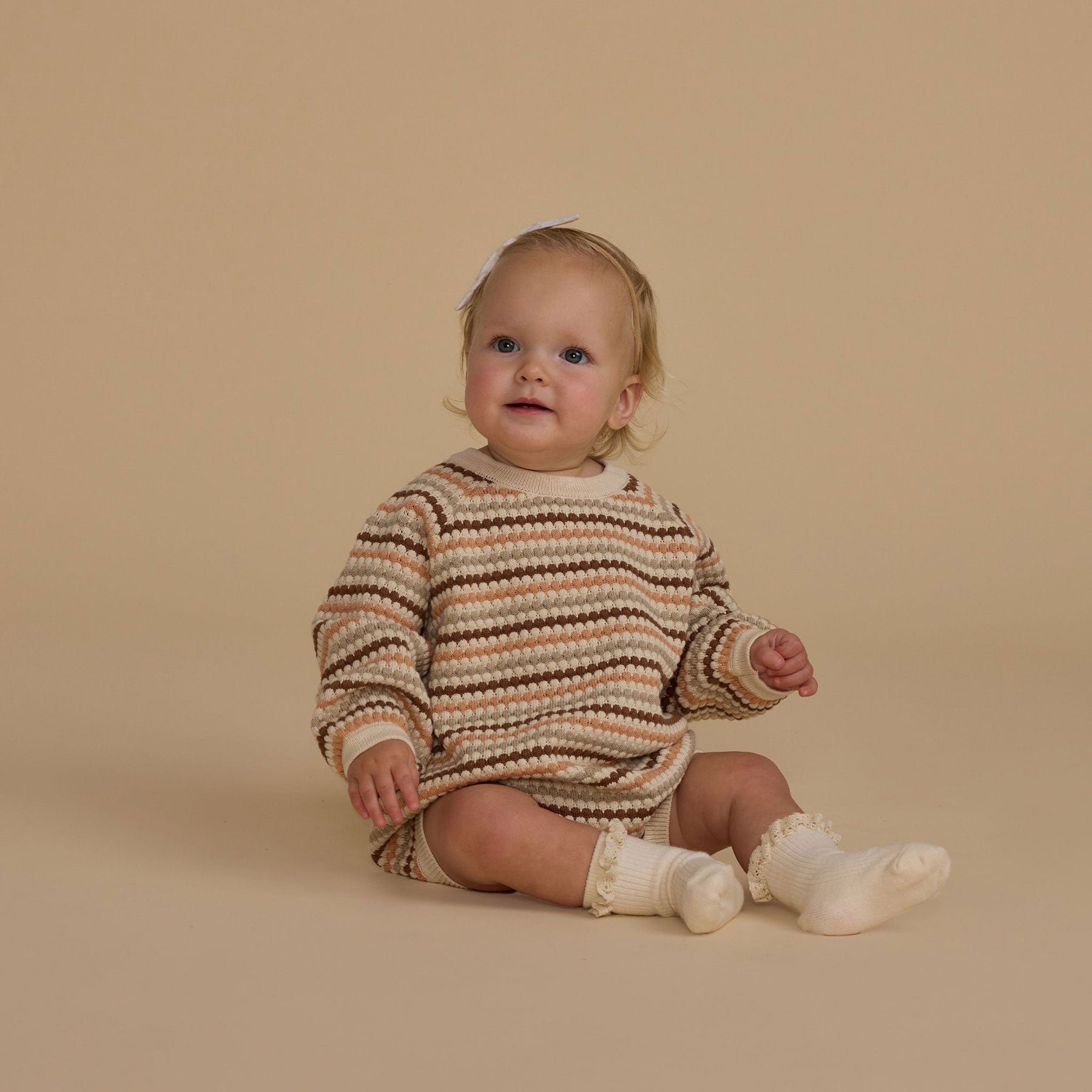 Honeycomb Stripe Crewneck Romper - Natural, Shell, Dusty Blue & Saddle Colors | Final Sale | Perfect for Casual Outings, Beach Days & Summer Fashion
