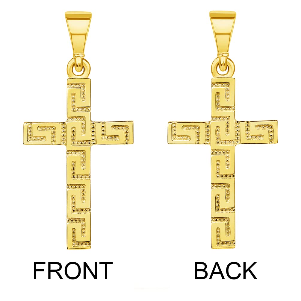 14K Yellow Gold Greek Key Religious Latin Cross Pendant Necklace for Women - Reversible Christian Jewelry Gift for Baptism, Confirmation & Everyday Wear