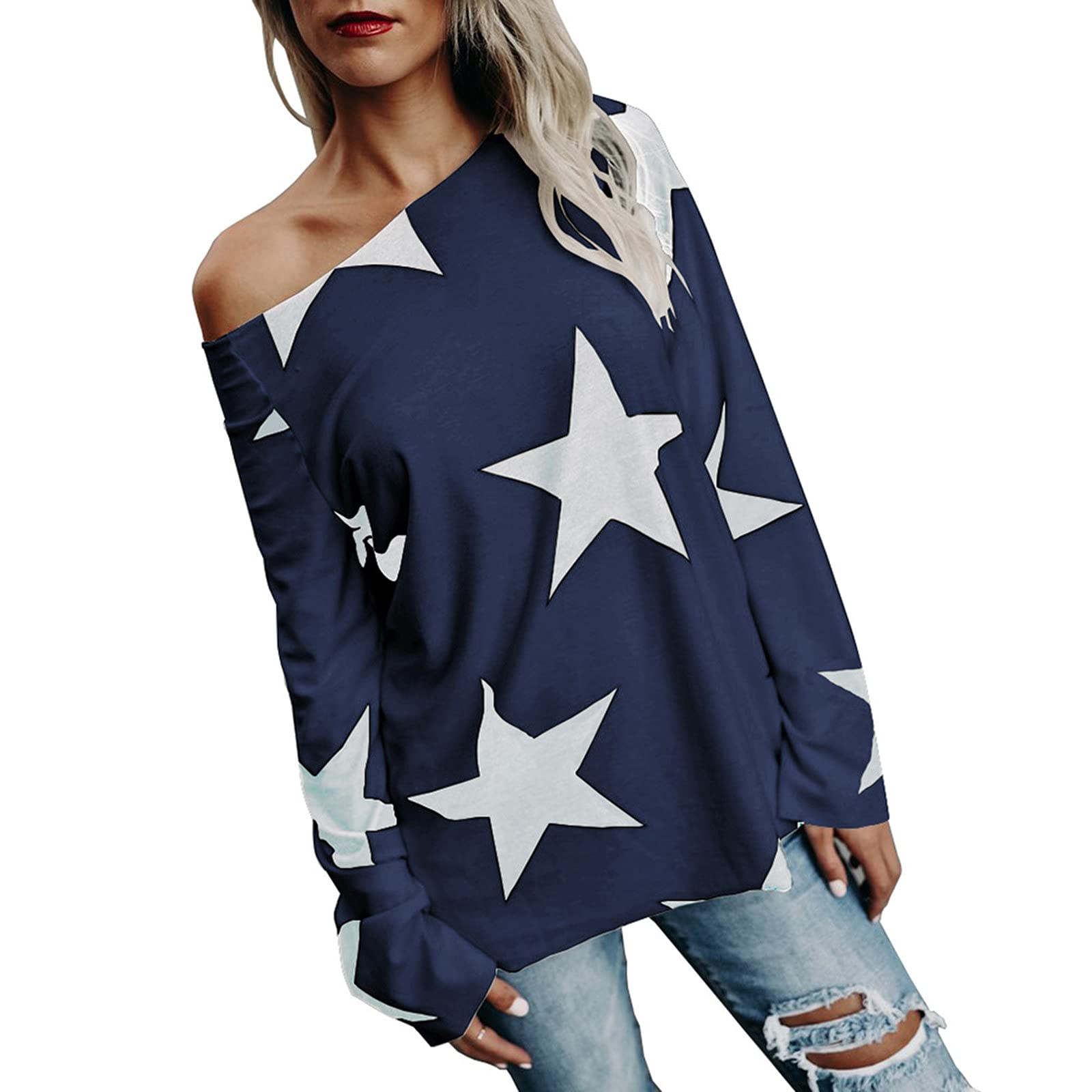 Women's Long Sleeve Star Print Pullover Sweatshirt - Strapless Crop Top Blouse for Casual Wear & Street Fashion