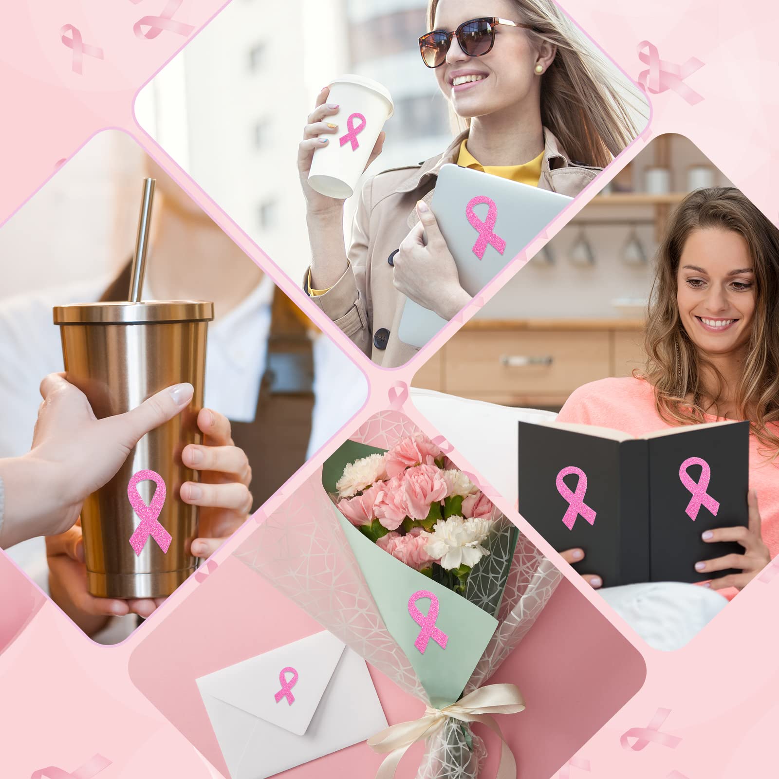 Mimorou 500 Pcs Pink Ribbon Glitter Foam Stickers - Breast Cancer Awareness Stickers for Helmets, DIY Crafts, Scrapbooking & Gifts - Waterproof Self-Adhesive Stickers for Women, Fundraising Events & Charity Support