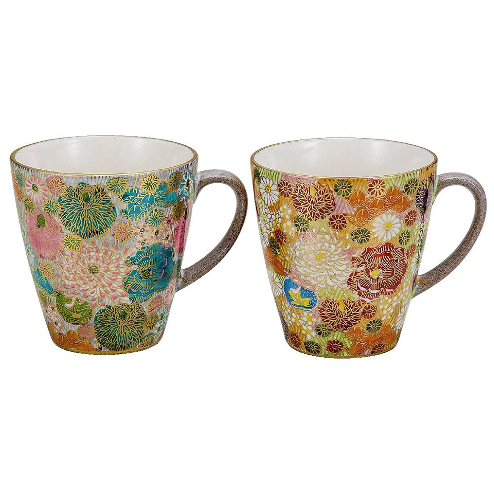 Kutani Ware Hanazume Floral Paired Mugs - Japanese Porcelain Tea Cups Set for Coffee, Tea & Home Decor