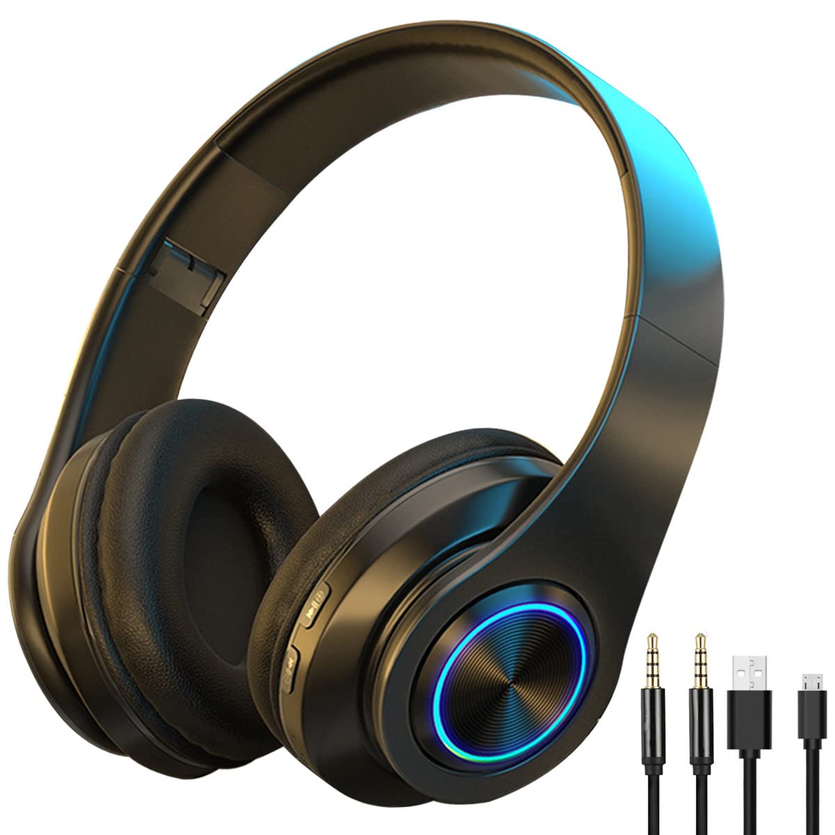 Wireless Bluetooth Headphones Over Ear with Noise Cancelling, Foldable Design, LED Lights, Built-in Mic - BT5.1 for Phone, PC, TV | Perfect for Travel, Work, Gaming & Music Listening