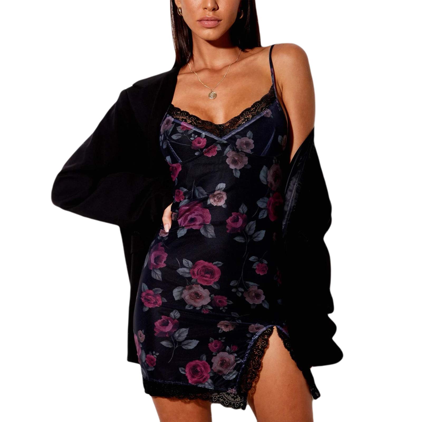 Sexy Lace Spaghetti Strap Cami Dress for Women - V Neck Sleeveless Bodycon Mini Dress for Club Party, Night Out, Date Night & Y2K Fashion Outfits