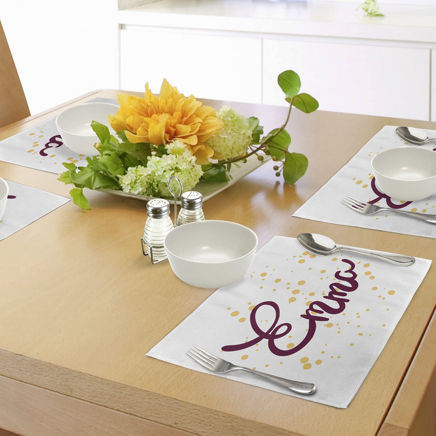 Ambesonne Emma Placemats Set of 4 - Handwritten Letter Design with Swirls on Plain Background, Washable Fabric Table Mats for Dining Room Decor, Standard Size (Mustard & Purple) - Perfect for Dinner Parties, Family Gatherings & Home Styling