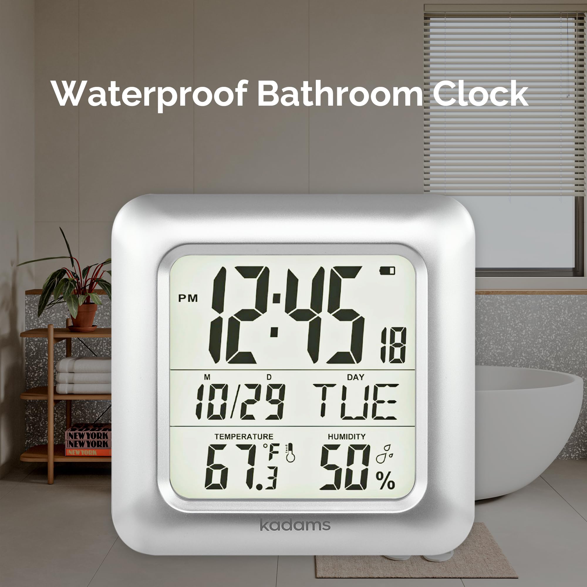 KADAMS Waterproof Bathroom Wall Clock with Shower Timer - Silent Non-Ticking, Battery Operated - Perfect for Bathroom, Shower, Spa, and Home Decor