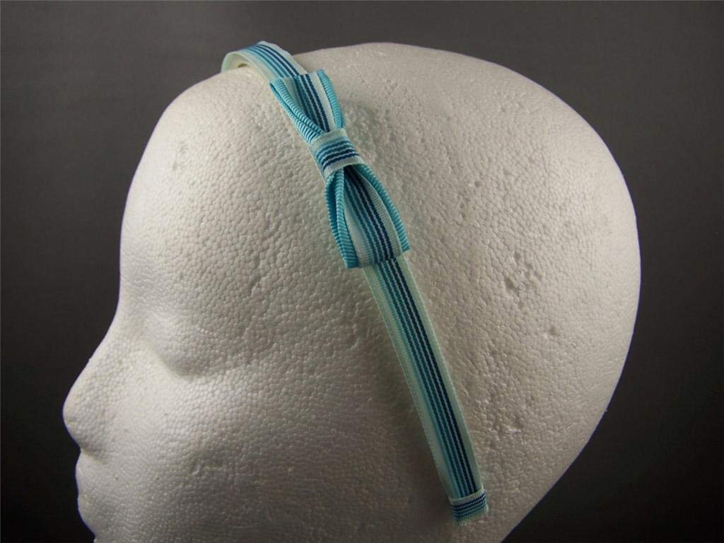 Blue Aqua Striped Ribbon Side Bow Thin Skinny Headband with Teeth - Women's Hair Grip for Everyday Wear, Parties & Special Occasions