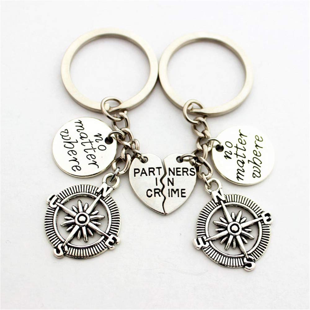 Set of 2 Partners in Crime Keychains, BFF Gift with Compass Design, 'No Matter Where' Keychains, Perfect for Valentine's Day, Anniversaries, and Friendship Celebrations