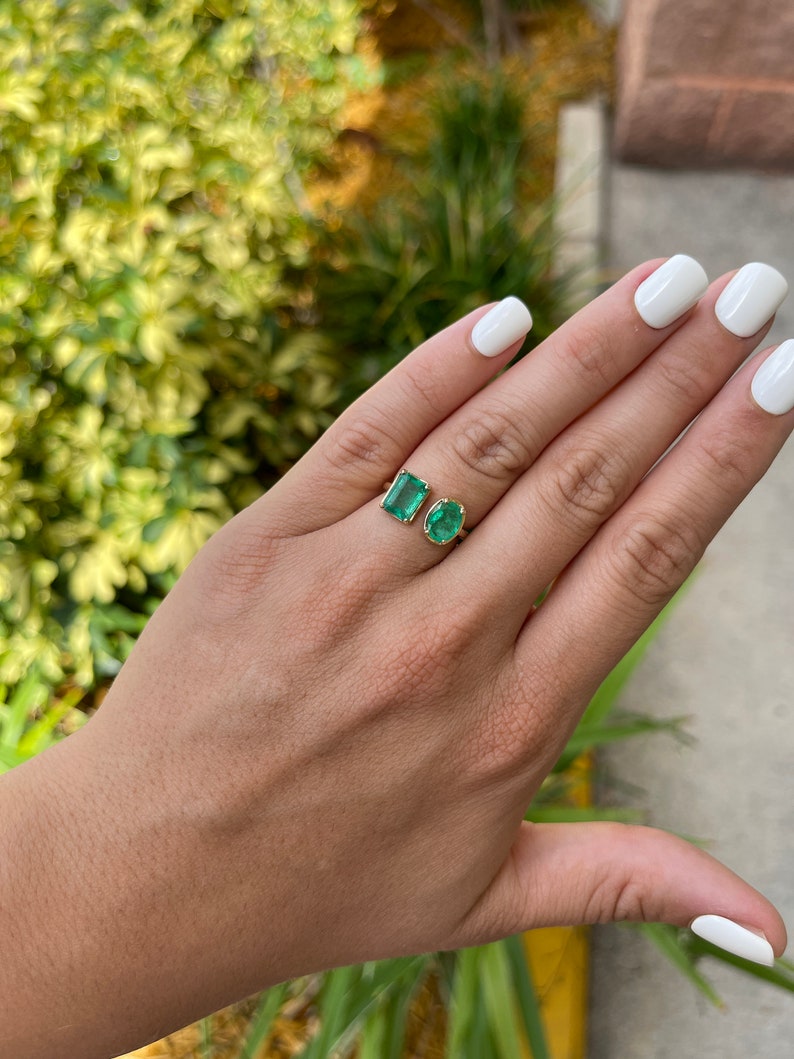 2.69tcw 14K Gold Natural Green Emerald Toi Et Moi & Oval Cut Cuff Ring for Women, Elegant Wedding Gift, Anniversary Jewelry, Valentine's Day Present