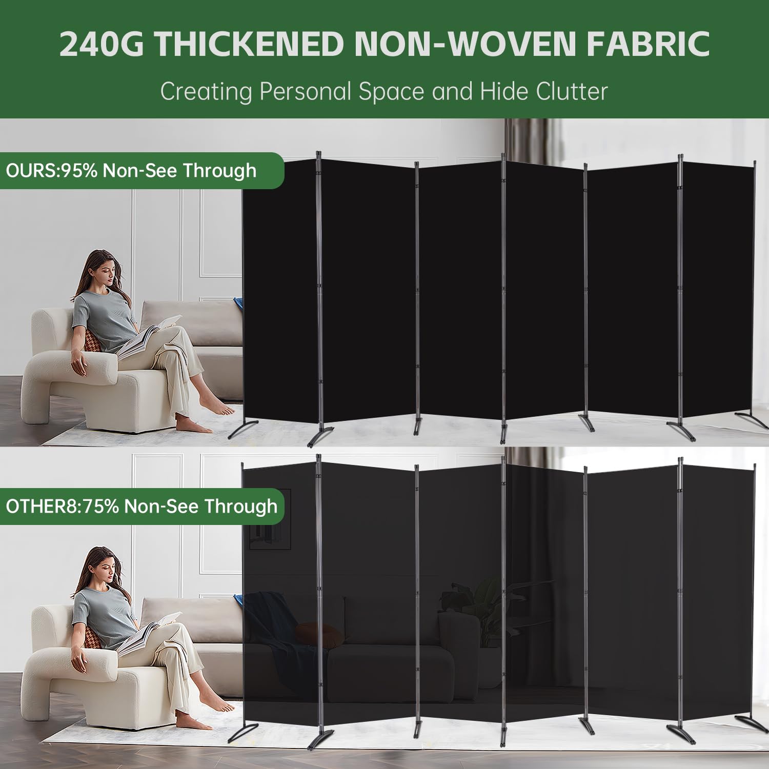 YASRKML 6-Panel Folding Room Divider Screen - Portable Freestanding Privacy Partition for Home & Office - Black Fabric Room Separator for Bedrooms, Living Spaces & Events