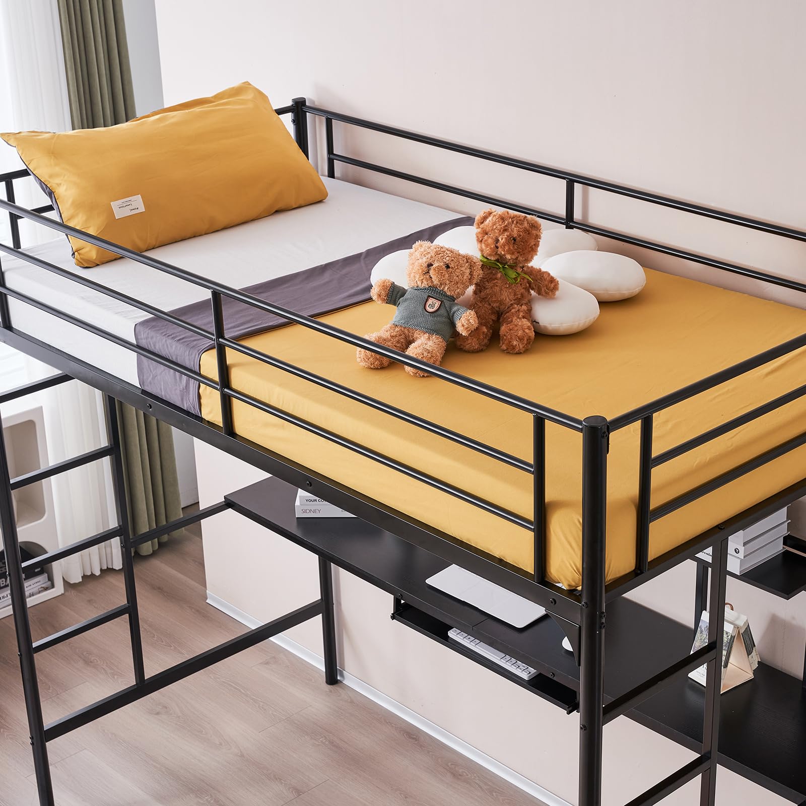 Karl Home Twin Loft Bed with Desk & Storage Shelves - Space Saving Bunk Bed for Kids, Teens & Adults - No Box Spring Needed - Quiet Study & Sleep Solution - Perfect for Small Bedrooms, Dorms & Apartments (Black)