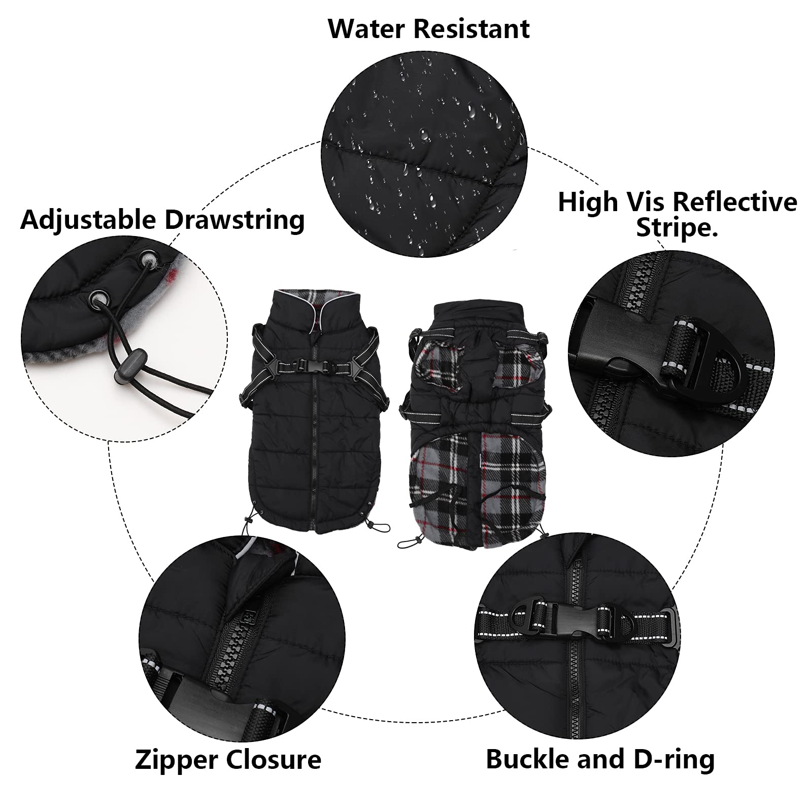 Waterproof Padded Dog Coat with Harness - Warm Winter Jacket for Small & Medium Breeds - Halloween & Christmas Pet Apparel - Black Large Size - Perfect for Outdoor Walks & Holiday Events