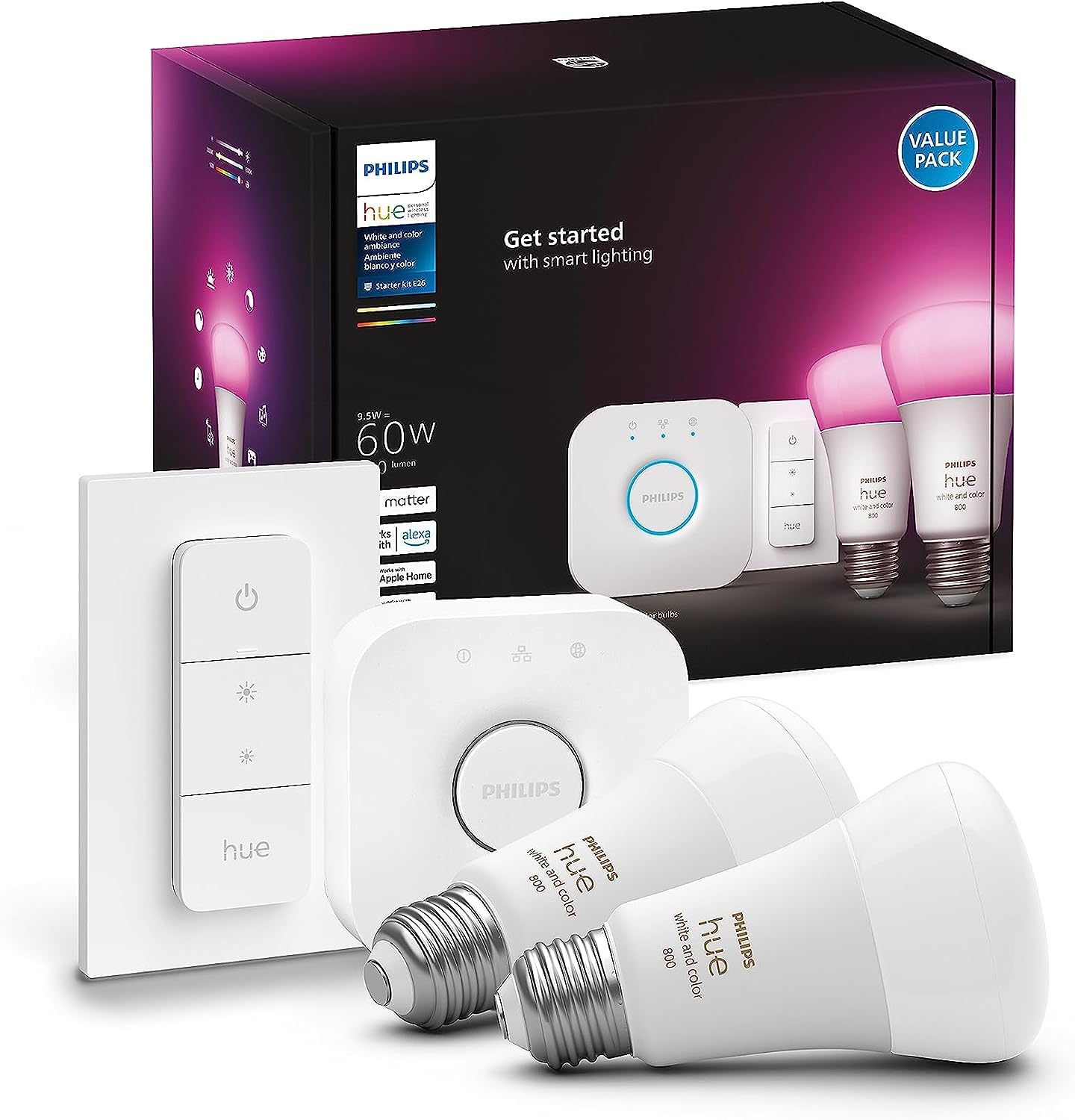Philips Hue Smart Light Starter Kit with Bridge, Dimmer Switch & 2 A19 LED Bulbs - 16 Million Colors, 800LM E26 Base - Works with Alexa, Google Assistant & Apple HomeKit - Perfect for Bedroom, Living Room & Smart Home Automation
