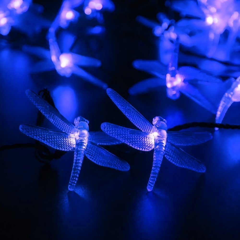 Solar Powered Dragonfly String Lights - 20ft Waterproof Outdoor Fairy Lights with 30 LED for Garden, Patio, Lawn & Holiday Decorations | Perfect for Christmas, Parties, Weddings & Home Decoration (Blue)