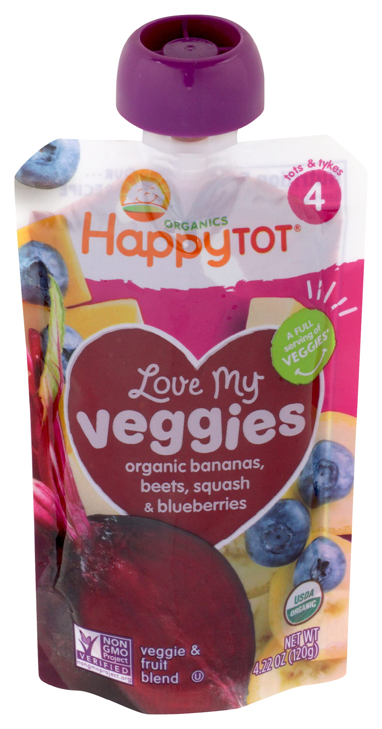 Happy Tot Love My Veggies Stage 4 Organic Baby Food Pouch - Banana Beet Squash & Blueberry Blend (4.22 oz) | USDA Certified Organic Toddler Snacks | Fruit & Vegetable Puree for Kids | Perfect for On-the-Go Meals, Daycare Lunches & Healthy Snacking