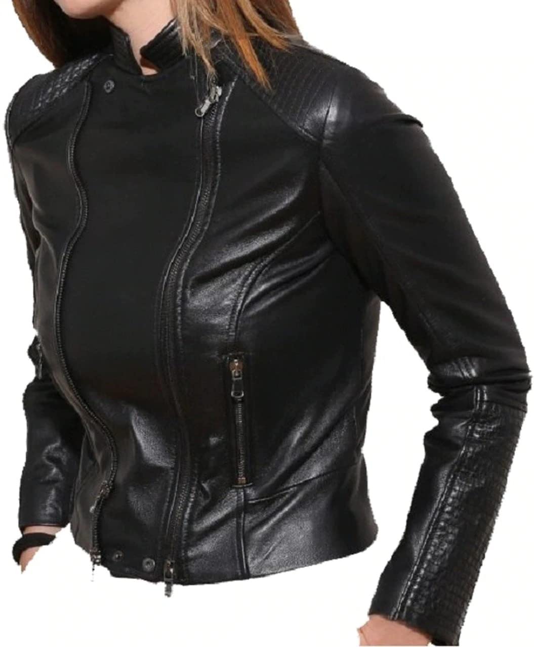 Women's Black Leather Racer Jacket - Stylish Stitch Design Padded Biker Jacket for Ladies | Perfect for Motorcycle Riding, Night Out & Fashion Statement