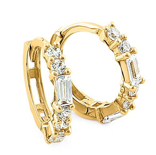 14K Yellow Gold Round & Baguette CZ Hoop Earrings for Women - Elegant Cubic Zirconia Stud Earrings for Daily Wear, Parties & Special Occasions