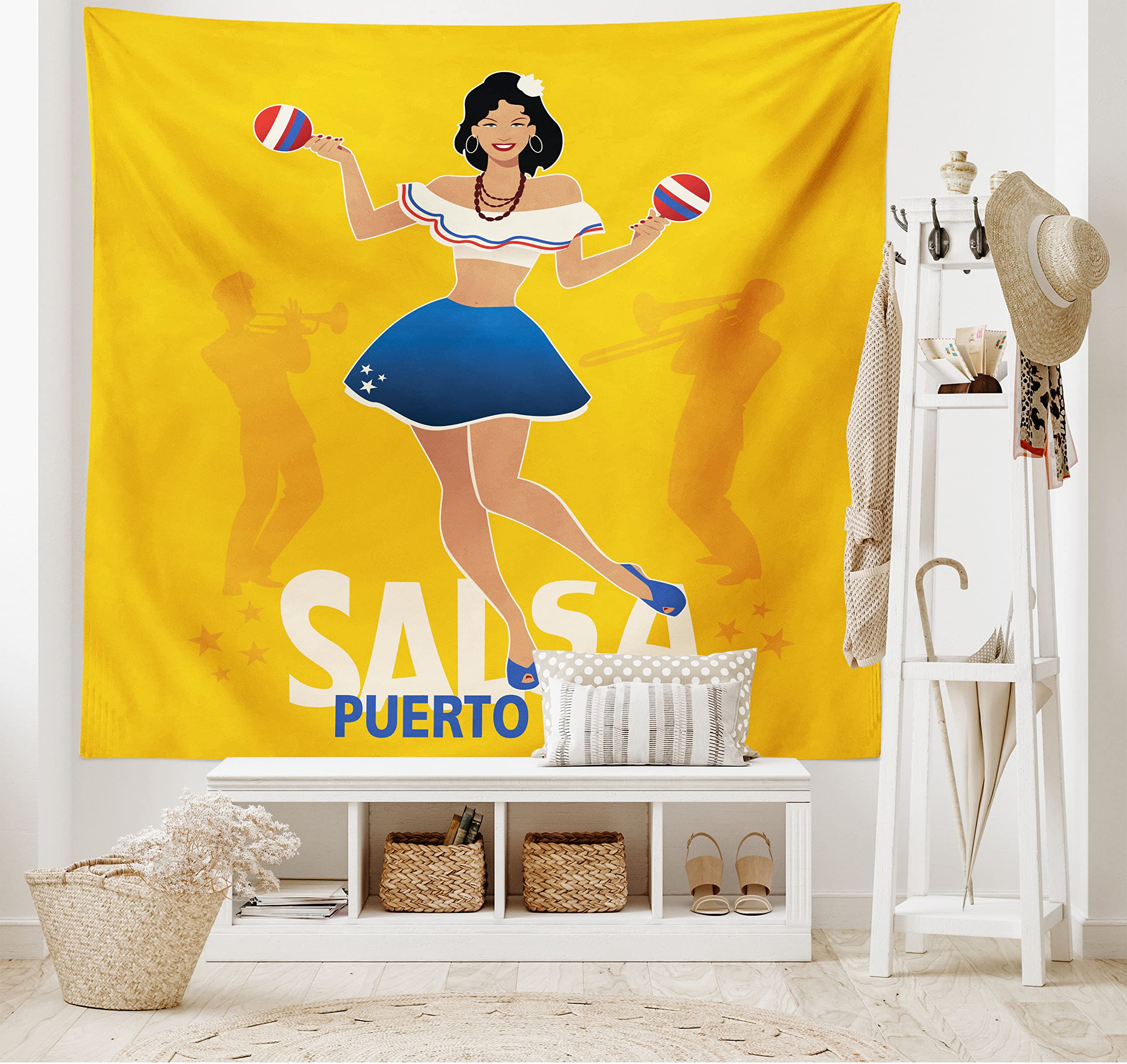 Lunarable Puerto Rico Tapestry - Vibrant Salsa Dancing Girl with Maracas, Trombonist & Trumpeter Silhouette Wall Art - 80x60 Inch Large Wall Hanging for Bedroom, Living Room, Dorm Decor - Perfect for Latin Music Lovers & Tropical Theme Parties