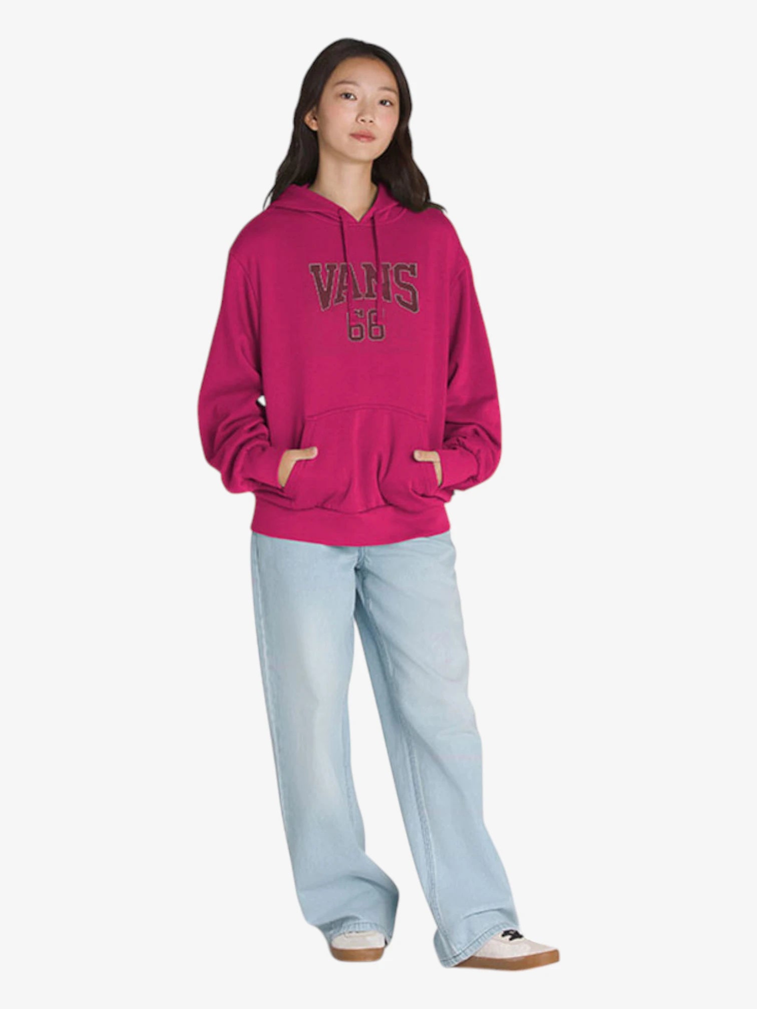 Vans Women's Varsity V Pullover Hoodie in Fuchsia - Cozy Fleece Sweatshirt for Casual Wear, Street Style & Everyday Comfort