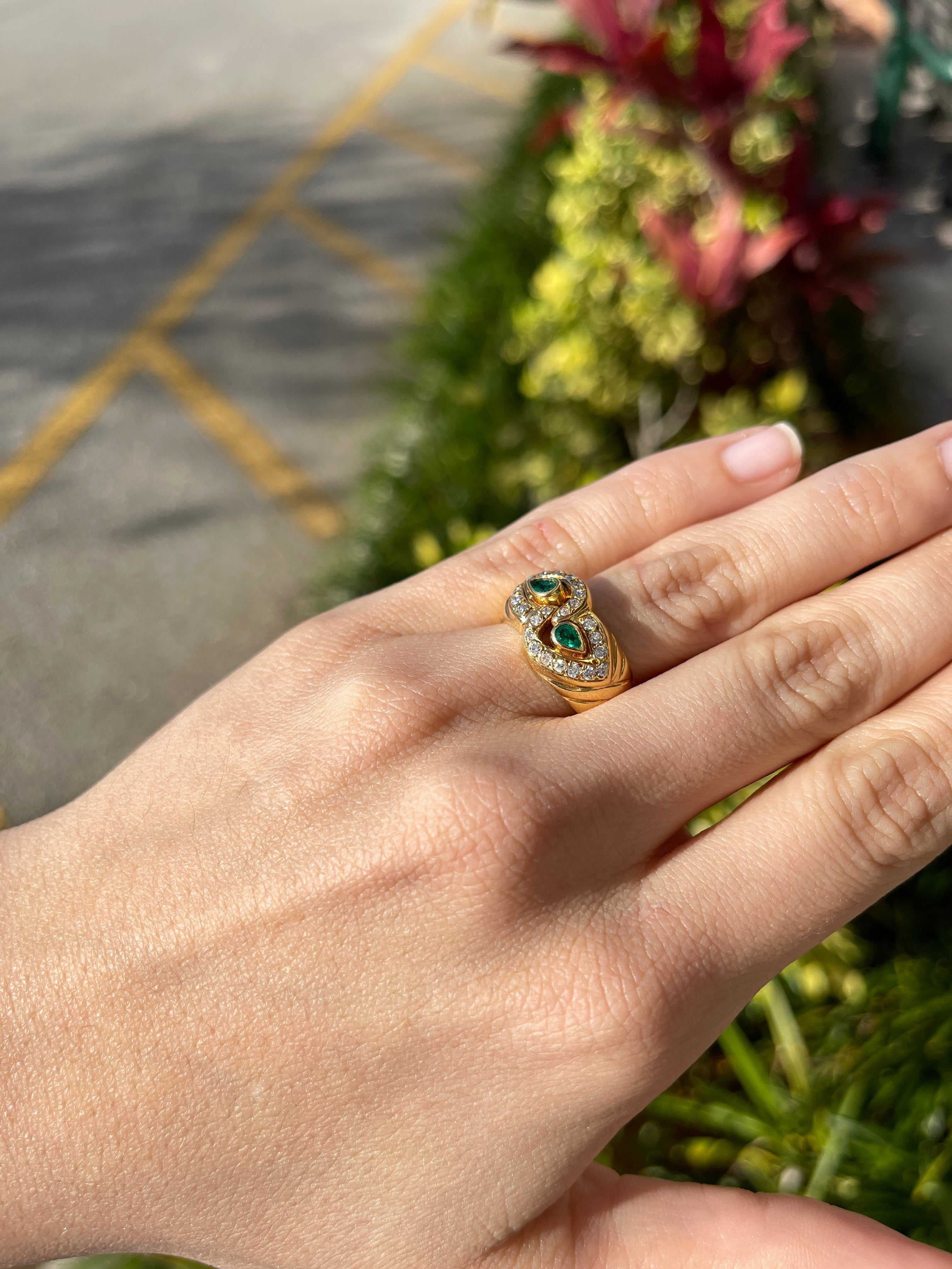 18K Gold Double Pear Colombian Emerald & Diamond Wide Band Ring - 0.70tcw Organic Emerald Wedding Ring for Women, Anniversary Gift, Bridal Jewelry (Perfect for Engagement, Proposal & Special Occasions)