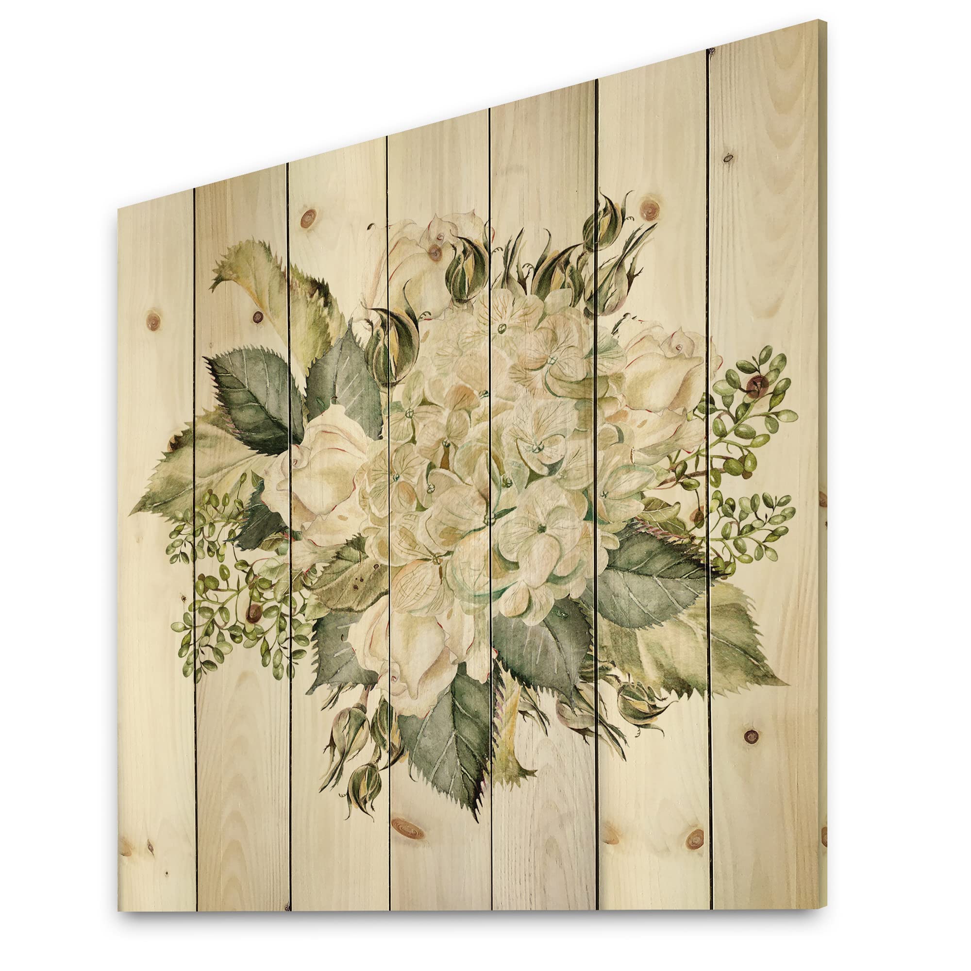 Farmhouse Wood Wall Decor - Large Floral Wood Panel with Hydrangea and Roses, Natural Pine Wood Art, Green Botanical Wall Hanging for Living Room, Bedroom & Home Office Decor