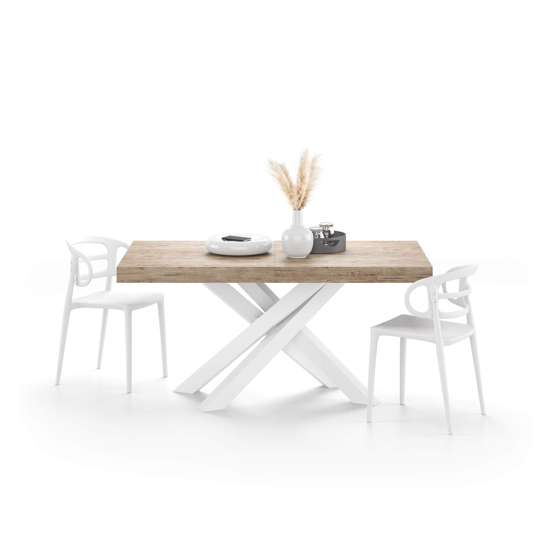 Extendable Dining Table for 6-10 People - 63 to 94.5 Inch Expandable Kitchen Table with White Crossed Legs & Oak Finish | Italian Modern Furniture for Dining Room, Living Room & Small Spaces
