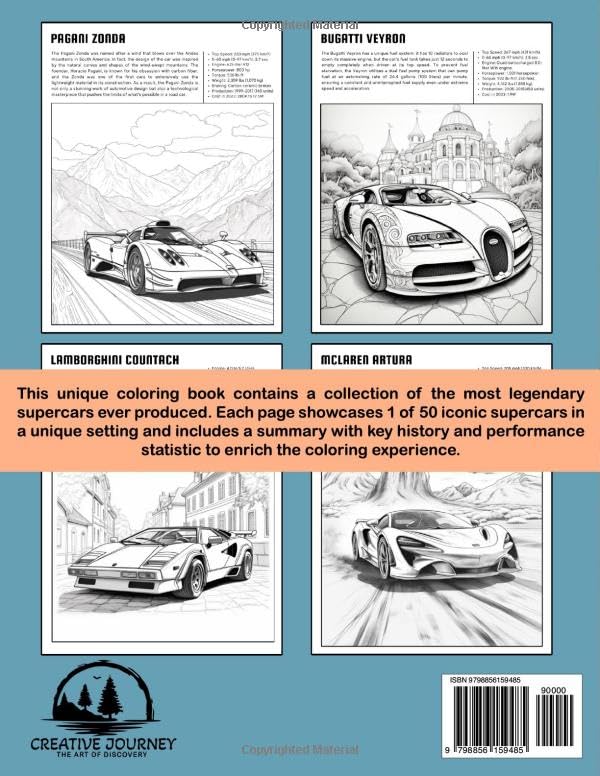 Dream Cars Coloring Book: Top 50 Iconic Supercars with Unique Facts & Performance Stats - Perfect Gift for Kids, Teens & Adults | Relaxing Activity & Creative Fun for Car Enthusiasts