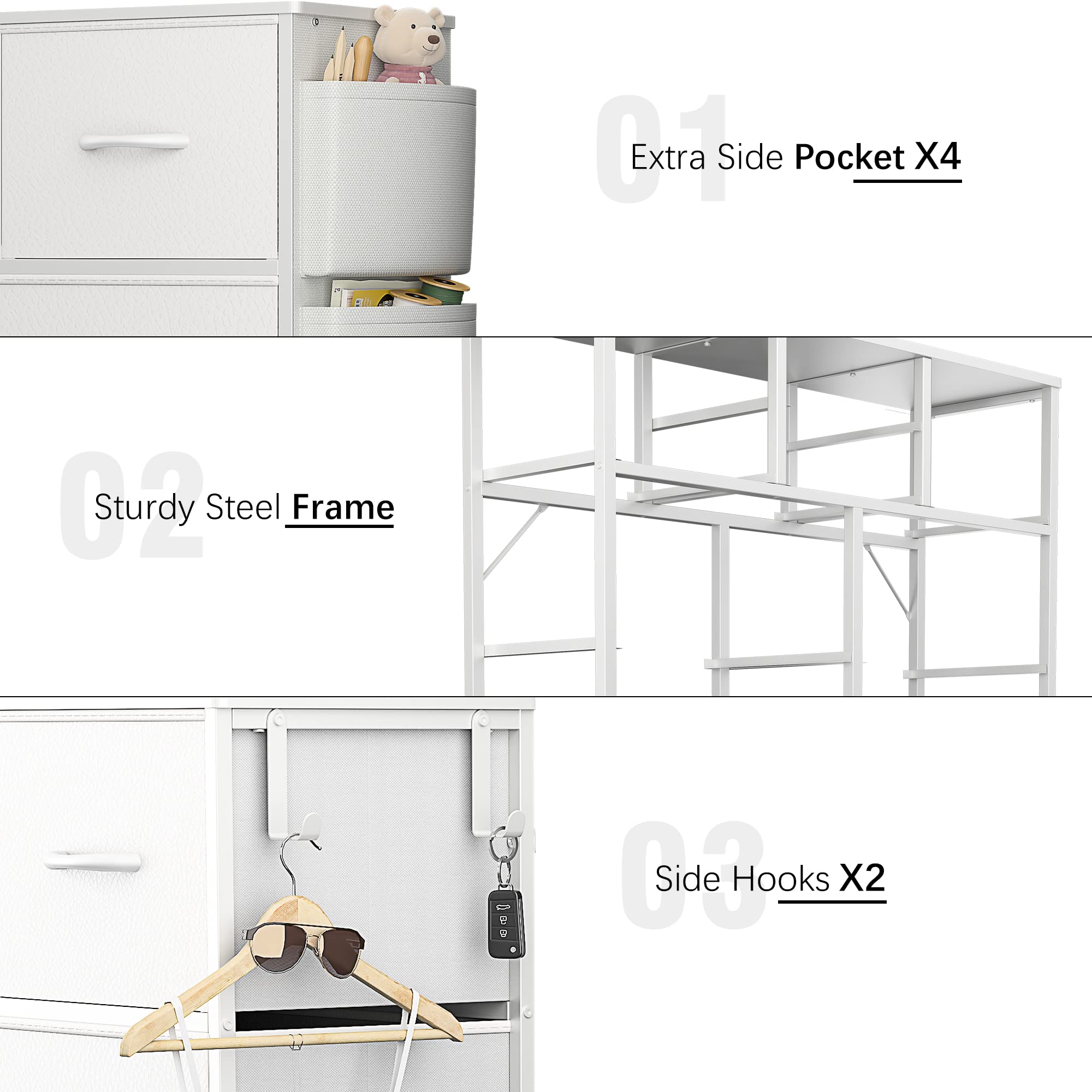 White 10-Drawer Dresser with Side Pockets & Hooks - Bedroom Storage Organizer for Kids Room & Hallway