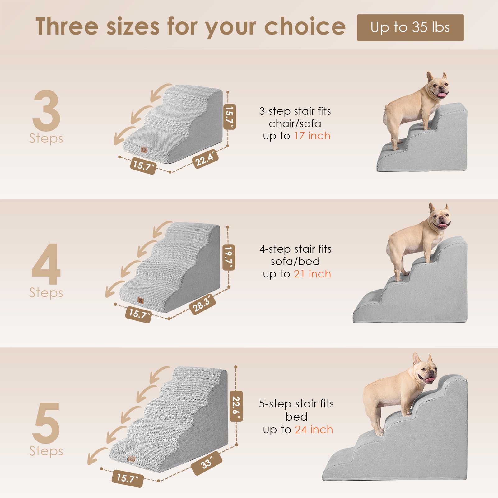 EHEYCIGA 3-Step Curved Dog Stairs Ramp for Small Dogs & Cats - 15.7