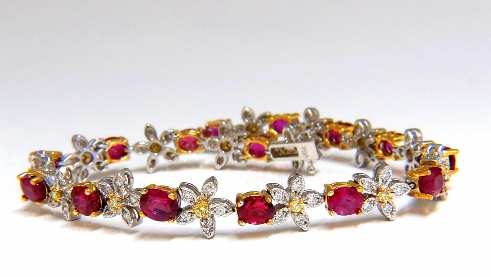 7.28ct Natural Red Ruby & Diamond Flower Cluster Tennis Bracelet in 18K Gold - Perfect for Weddings, Anniversaries & Special Occasions