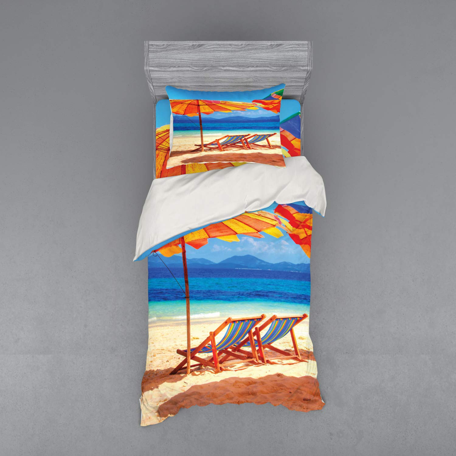 Ambesonne Tropical Beach Duvet Cover Set - 3 Piece Twin XL Bedding with Sham & Fitted Sheet, Orange Blue Ocean Theme - Perfect for Coastal Bedrooms, Vacation Homes & Tropical Decor