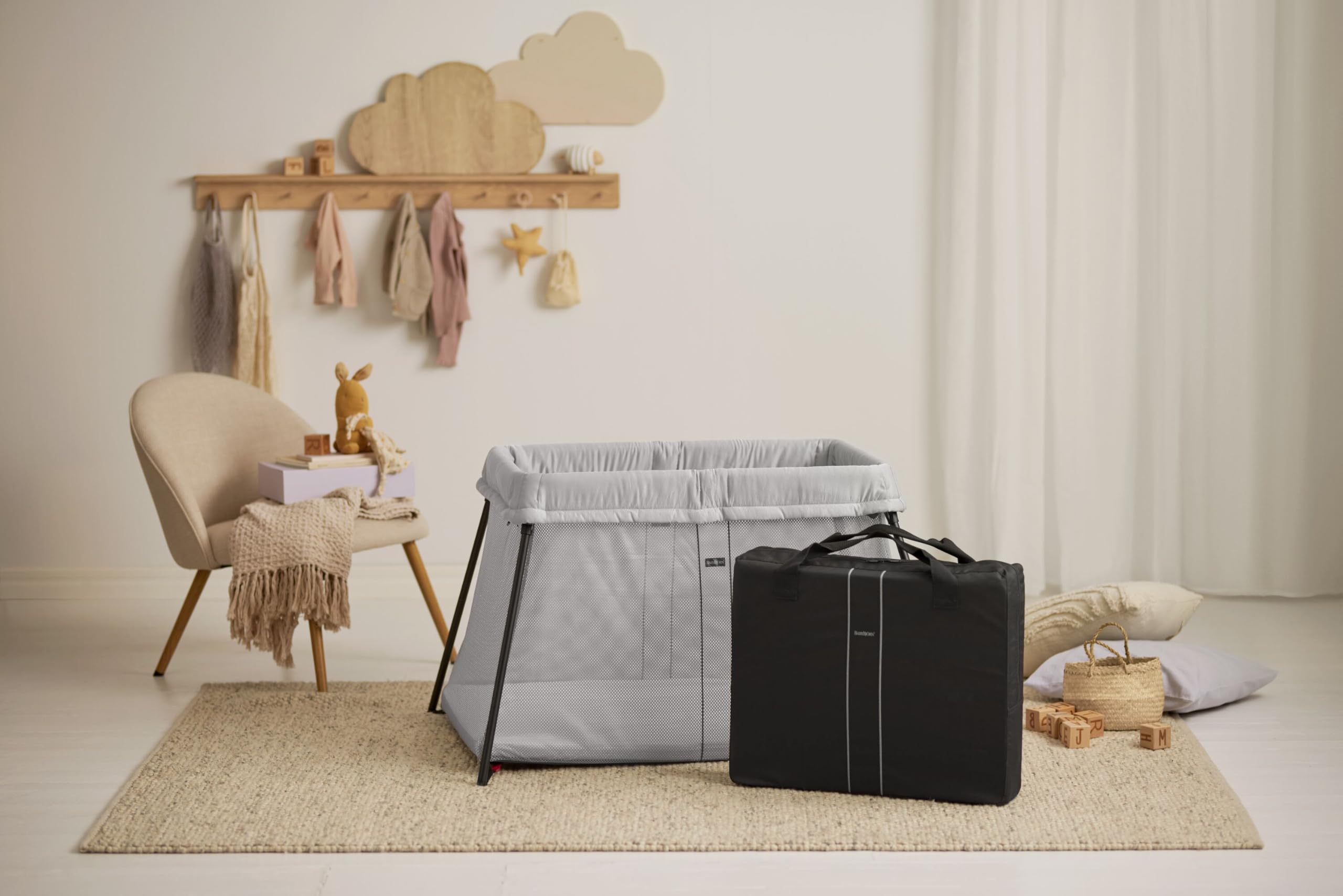 BabyBjorn Travel Crib Light - Portable Baby Bed with Fitted Sheet, Silver | Compact Foldable Design for Travel, Home & Nursery Use