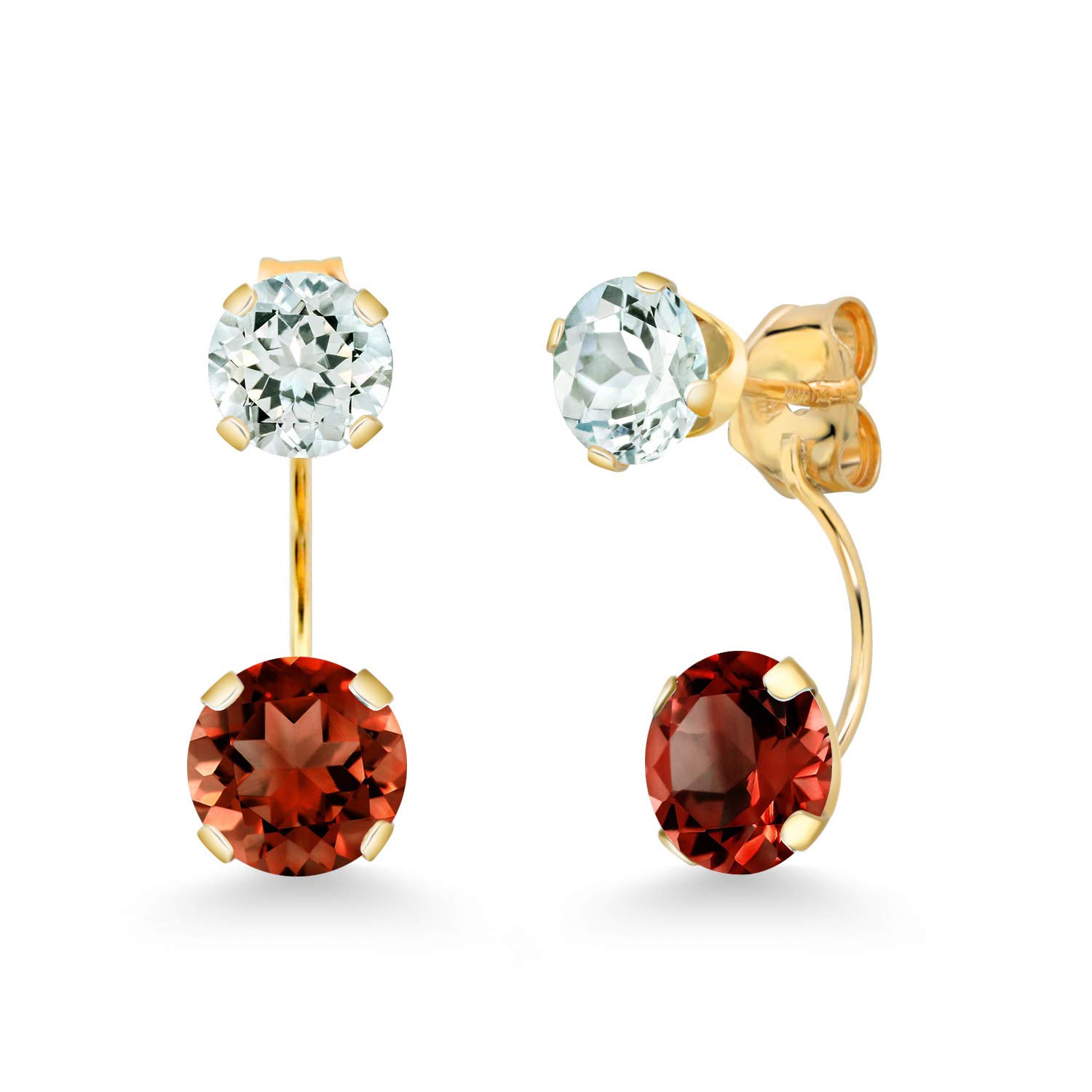 3.00 Ct Round Red Garnet & Sky Blue Aquamarine 14K Yellow Gold Earrings for Women | Gem Stone King | Elegant Dangle Earrings for Parties, Weddings & Special Occasions