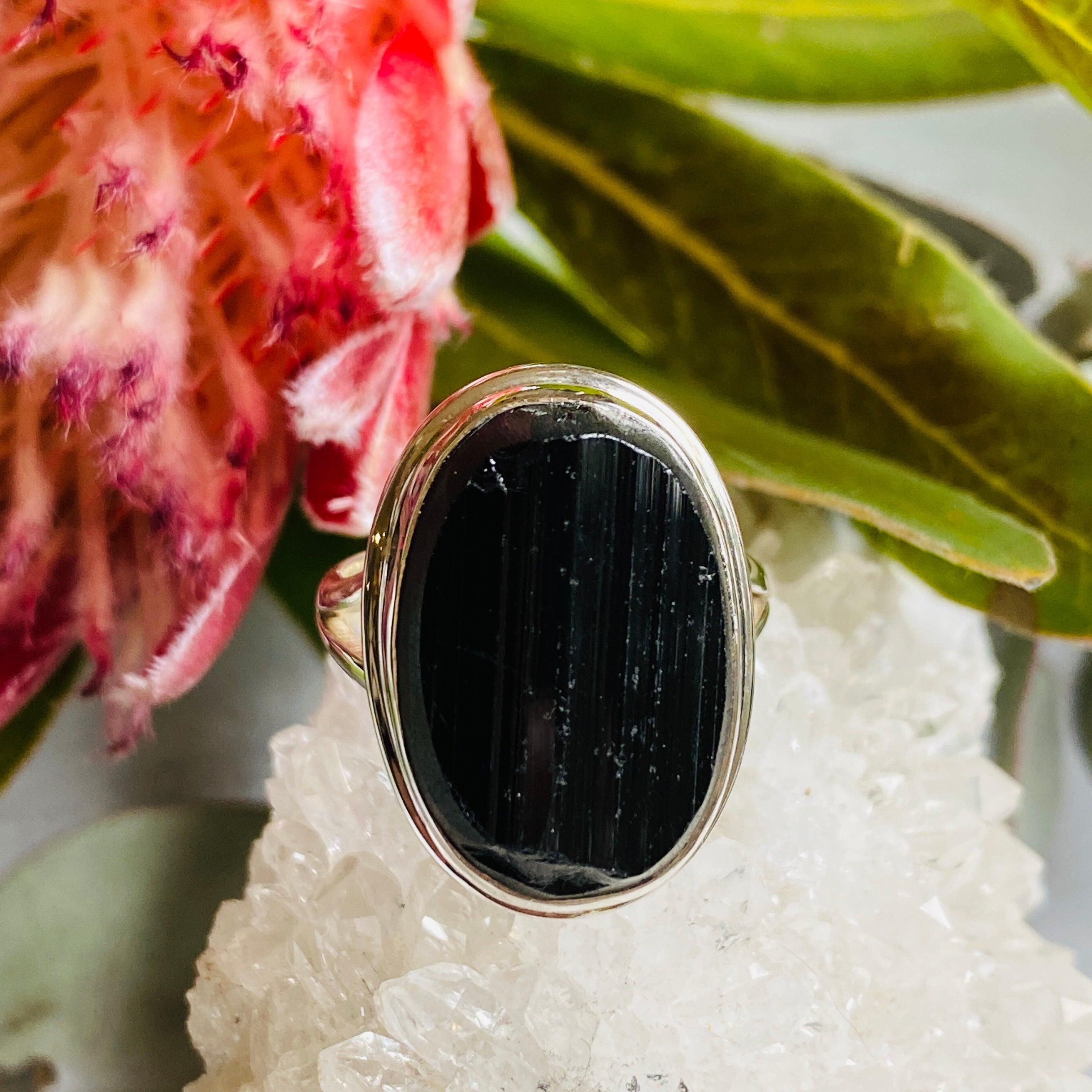 Natural Black Tourmaline Raw Oval Ring - Size 11 KRGJ2247 | Handmade Healing Crystal Jewelry for Protection & Positive Energy - Perfect for Meditation, Yoga & Spiritual Gifts