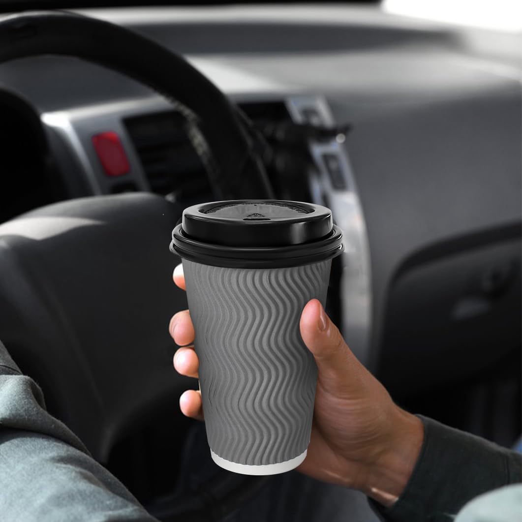 16oz Insulated Paper Coffee Cups with Lids - 100 Pack Disposable Ripple Design Cups for Hot & Cold Beverages - Perfect for Coffee, Tea, Juice, Water - Ideal for Offices, Cafes, Parties & Home Use (Gray)