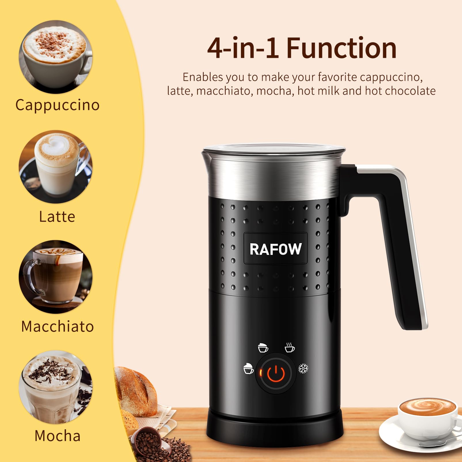 4 in 1 Electric Milk Frother - 10oz/350mL Large Capacity Milk Steamer for Hot & Cold Froth - Automatic Frother & Warmer for Latte, Cappuccino, Macchiato, Hot Chocolate - Perfect for Home Coffee Bars & Office Use