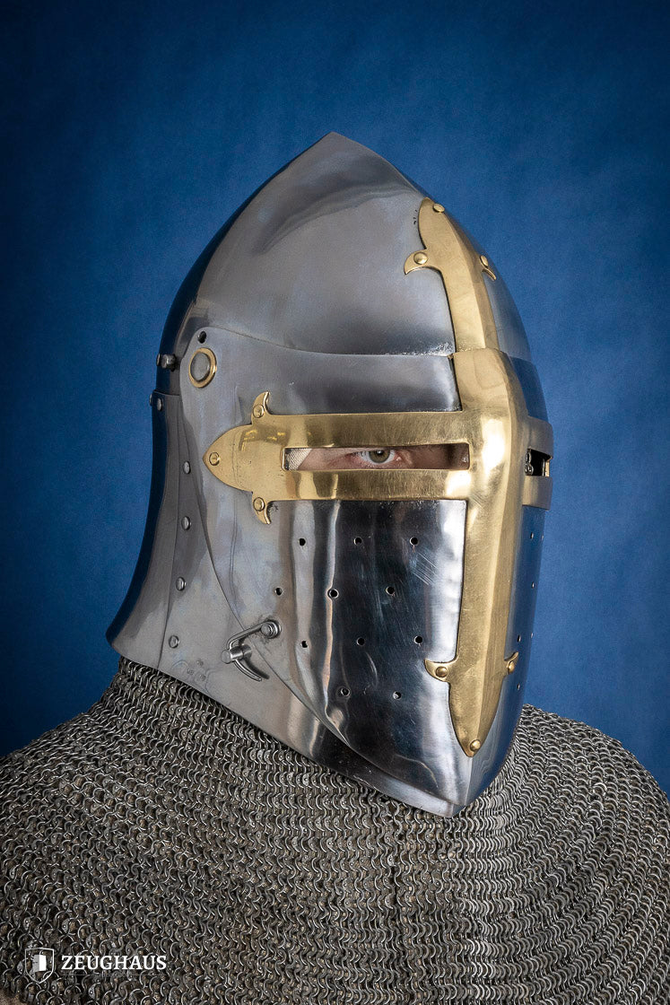 1.6mm Sugar Loaf Helmet with Brass Visor - Medieval Armor for LARP, Cosplay & Historical Reenactment