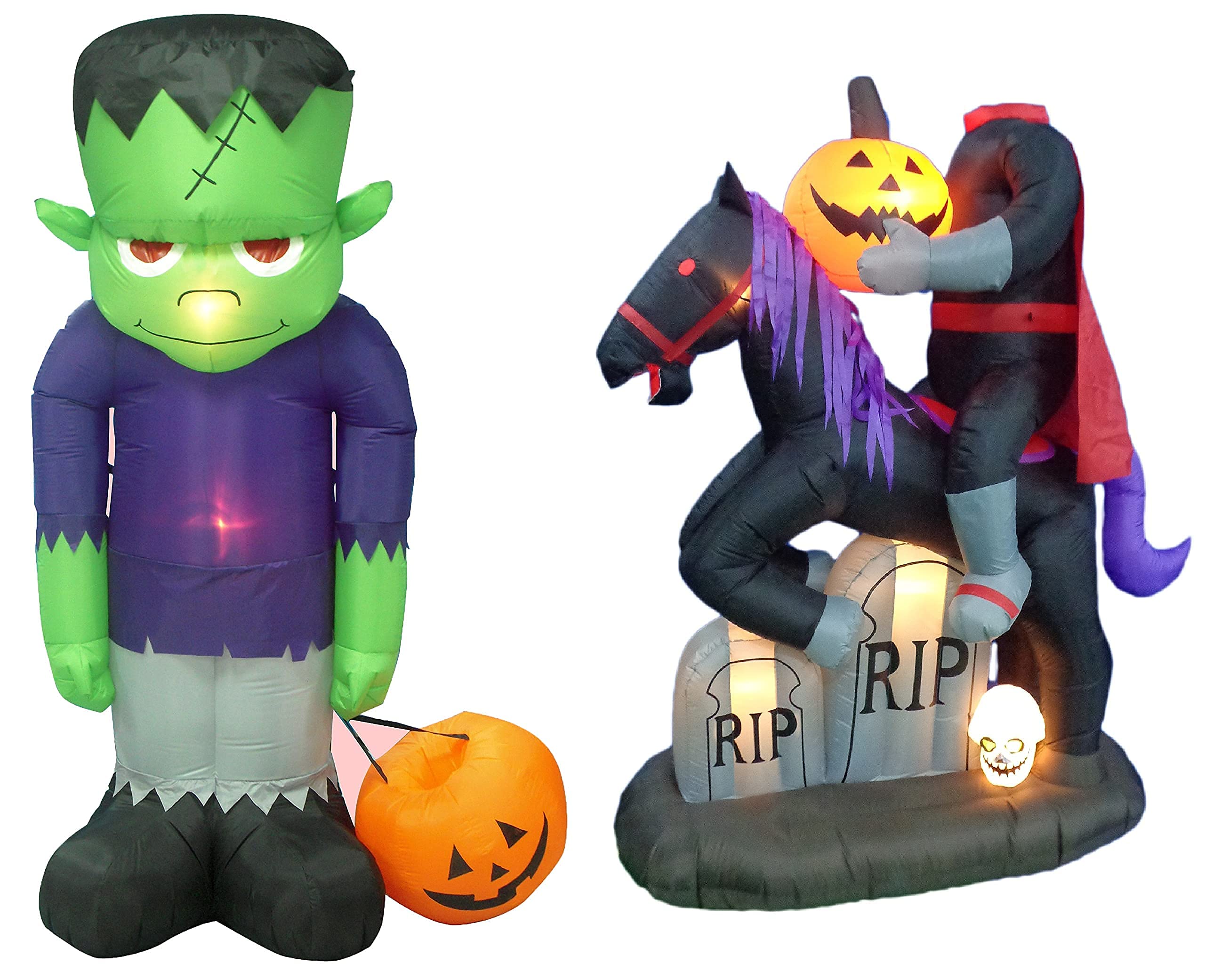 8ft Inflatable Frankenstein & 6.5ft LED Headless Horseman Halloween Decor Set - Outdoor Yard Haunted House Party Decorations for Spooky Night, Trick or Treat, and Halloween Festivities
