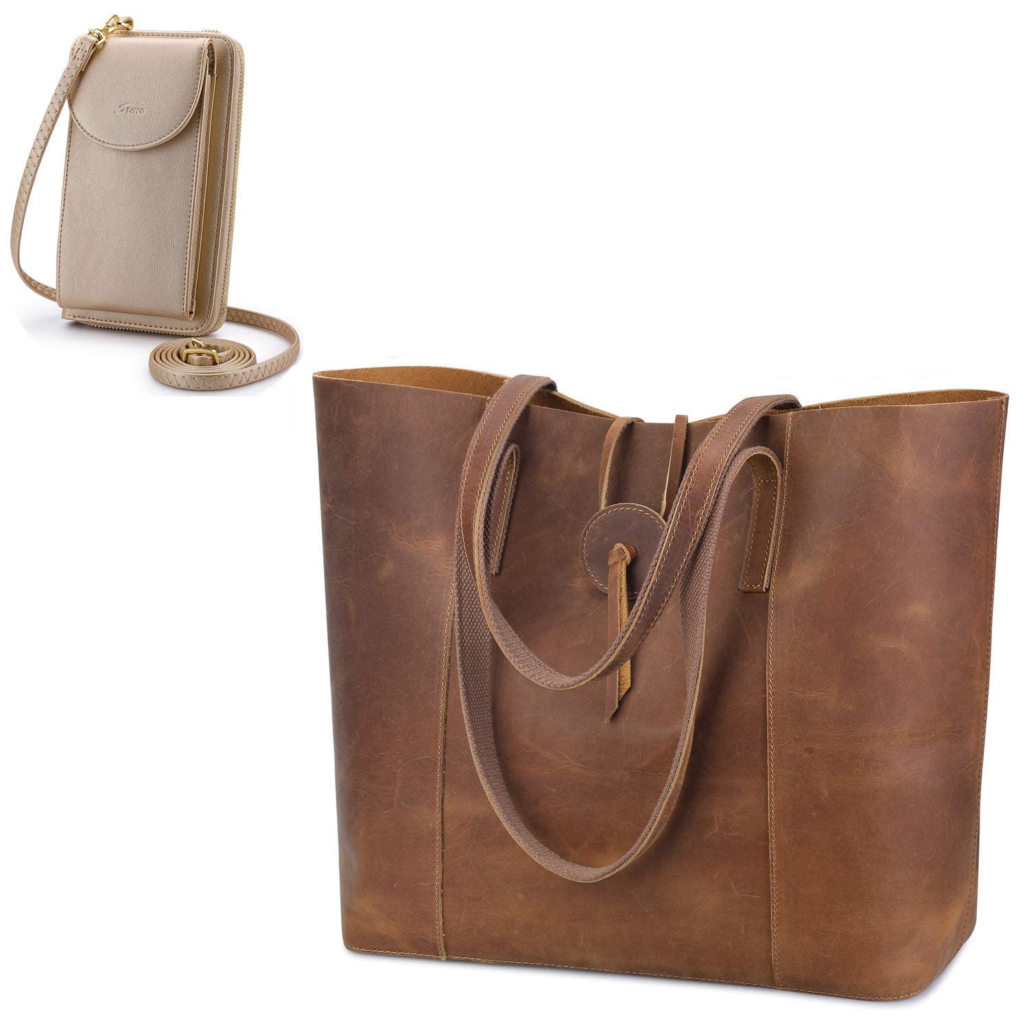 S-ZONE Genuine Leather Tote Bag for Women with Crossbody Phone Pouch - Stylish Shoulder Purse Set for Work, Travel & Everyday Use