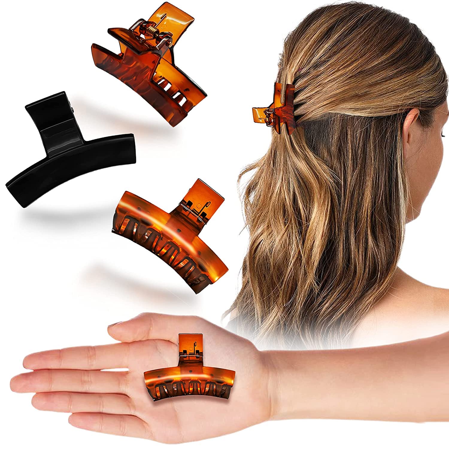 Large Hair Claw Clips for Women - 3 Piece Set (Black & Brown Combo) | Korean Butterfly Clutch Hair Accessories for Thick Hair, Styling & Updos - Perfect for Work, Parties & Everyday Use