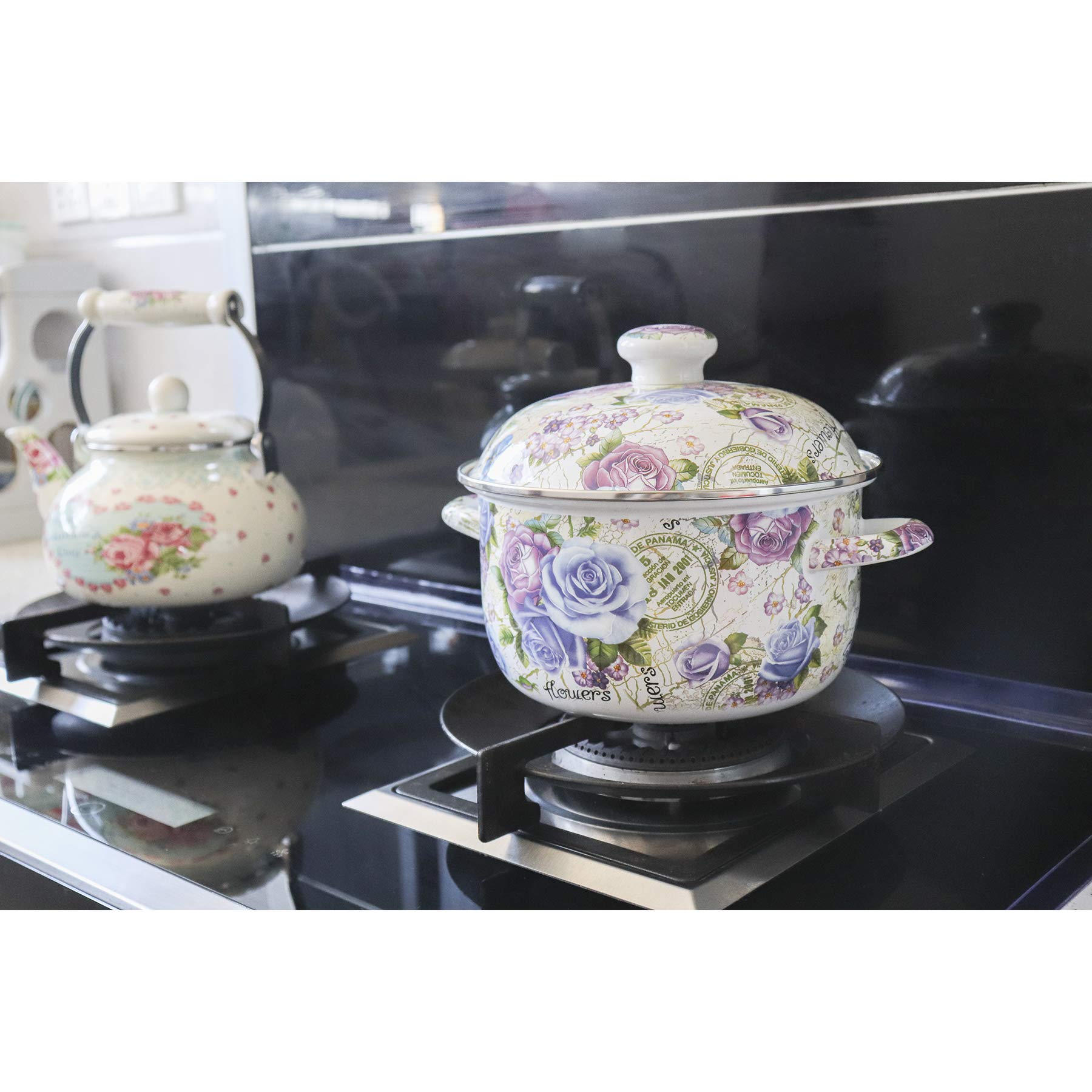 3 Quart Stainless Steel Stock Pot with Lid - Flower Enamel Design for Cooking, Boiling & Stewing - Perfect for Soups, Stews, and Large Family Meals