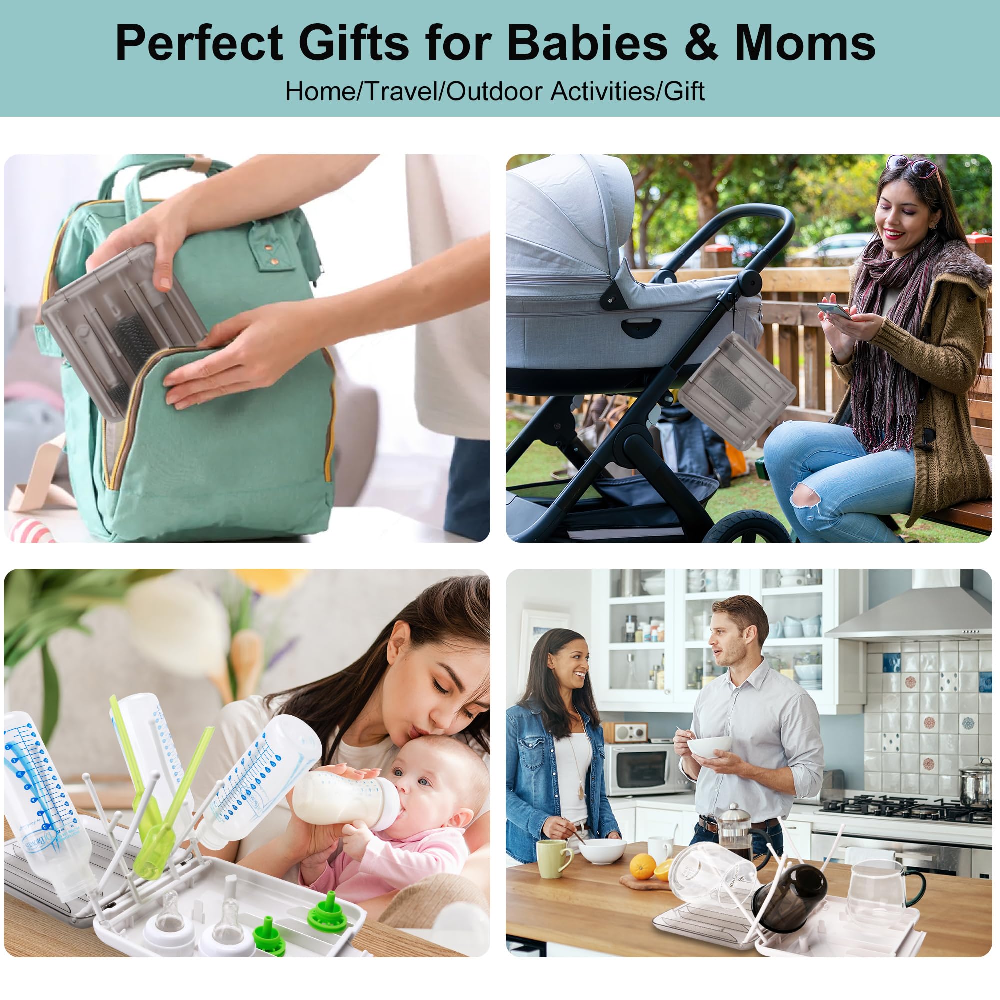 7-in-1 Baby Bottle Cleaning Kit with Silicone Brush, Nipple Cleaner, Straw Brush, Soap Dispenser & Drying Rack | Portable Travel Essentials for Infant Feeding | Perfect for Home, Daycare & On-the-Go Parents (White)