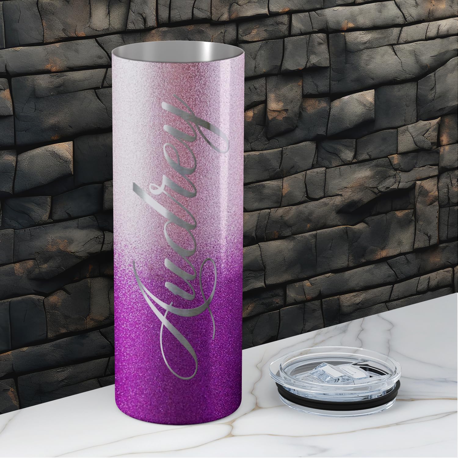 Customized 20 oz Skinny Stainless Steel Vacuum Insulated Tumbler with Lid - Personalized Laser Engraved Lavender Twilight Design - Perfect Gift for Coffee, Tea & Cold Drinks at Home, Office or Travel