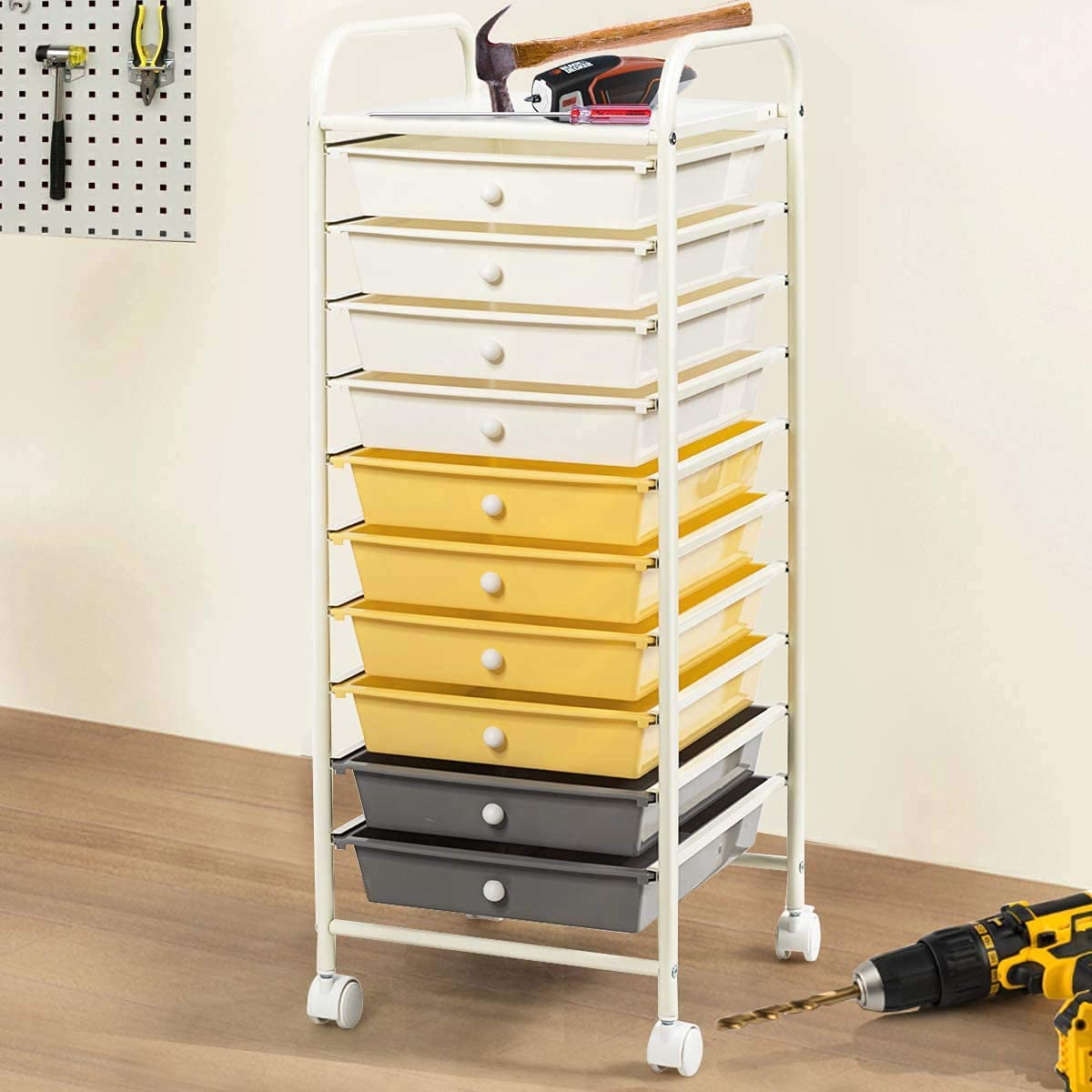 Giantex 10-Drawer Rolling Storage Cart - Plastic Organizer with Wheels for Craft Supplies, Office Tools, Scrapbook Paper & Home Organization (Yellow) | Perfect for Craft Rooms, Offices & Closet Storage