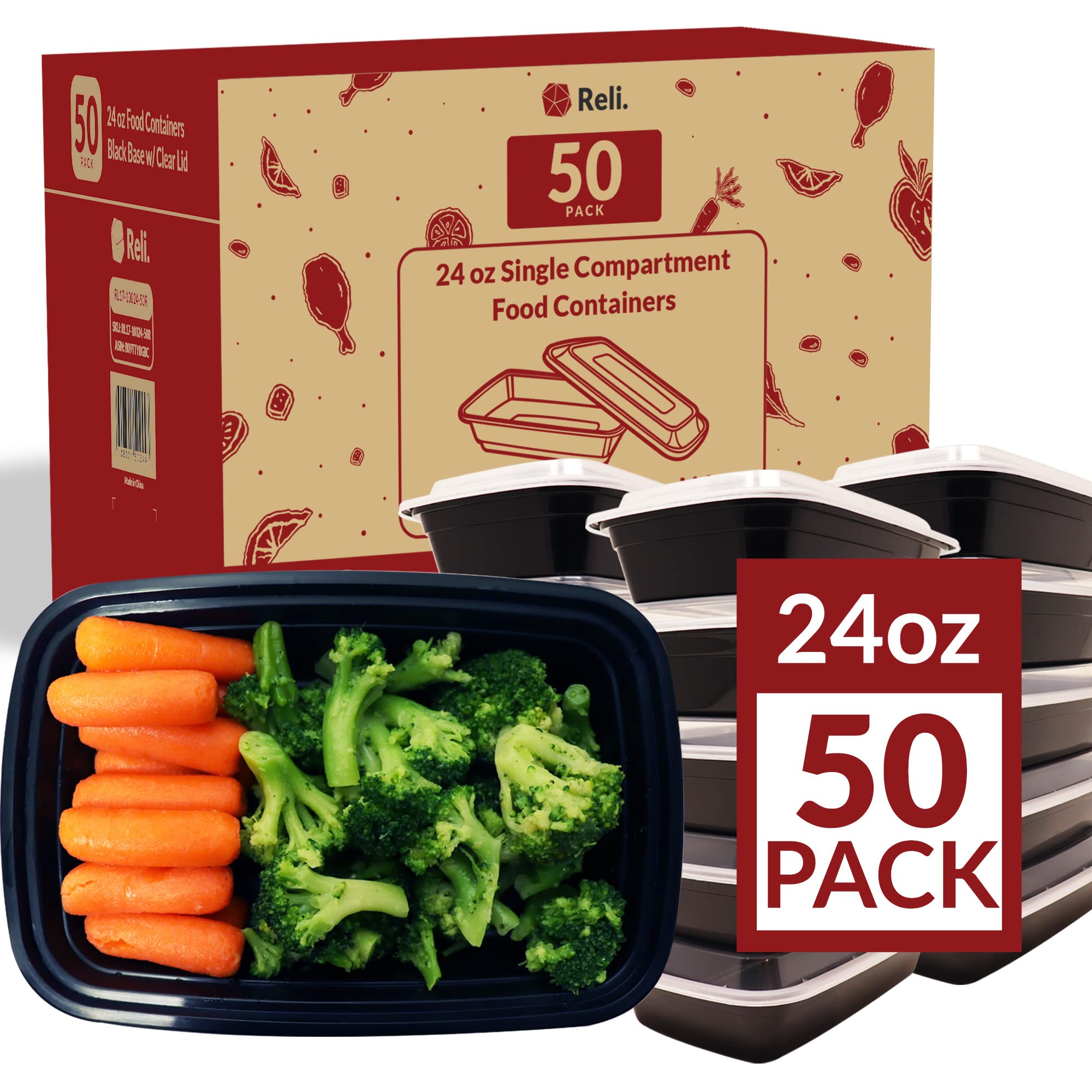 Reliable 24 oz Meal Prep Containers - 50 Pack with Lids | Microwave Safe Food Storage Containers | Reusable Bento Box & Lunch Box for Meal Prepping | Perfect for Office Lunches, Picnics & Food Delivery